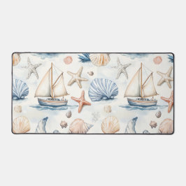 TAN & BLAUE WATERCOLOR-MEERESSCHNECKEN UND SEGLBOO SCHREIBTISCHUNTERLAGE