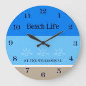 Tan Blue Stripes Family Name Beach House Große Wanduhr (Vorderseite)