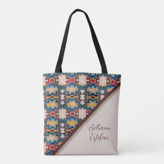 Tan, Blue, White & Red Tribal Inspired Shapes Tote Tasche (Rückseite)