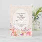 Tan Blüh Damask farbenfrohe Blumenhochzeit Einladung (Stehend Vorderseite)