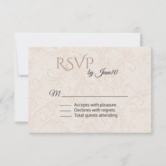 Tan Blüh Damask Wedding RSVP Karte (Vorderseite)