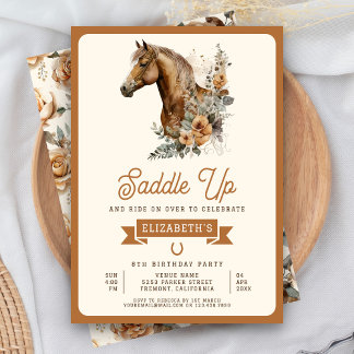 Tan Boho Floral Horse Cowgirl Birthday Party Einladung