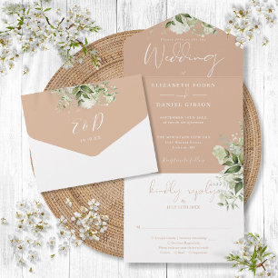 Tan Botanical Greenery Monogram Hochzeit  All In One Einladung