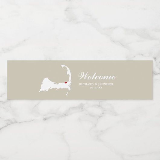 Tan Brewster Cape Cod Map mit rotem Herzen Hochzei Wasserflaschenetikett (Einzelnes Label)