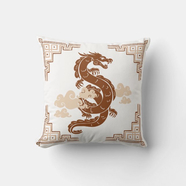 Tan Brown Chinoiserie Dragon and Clouds Kissen (Vorderseite)
