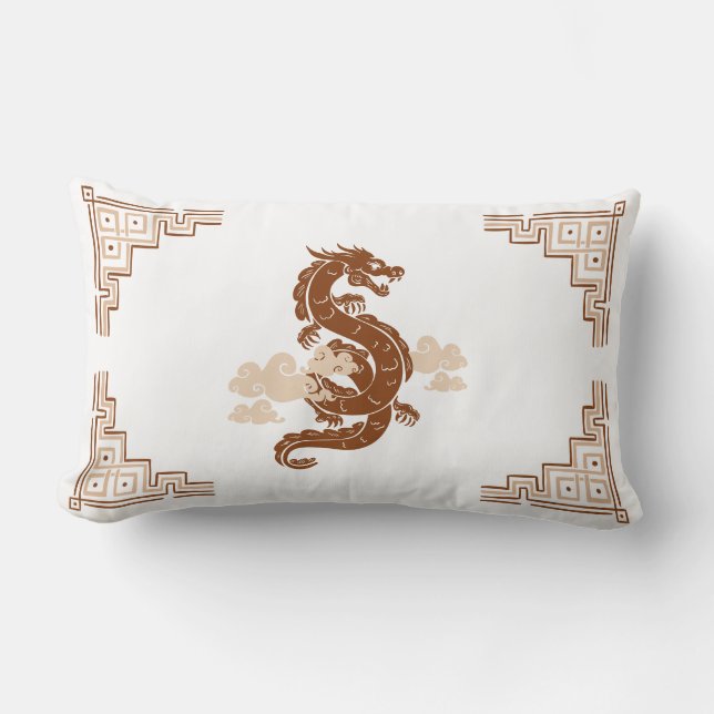 Tan Brown Chinoiserie Dragon and Clouds Lendenkissen (Vorderseite)