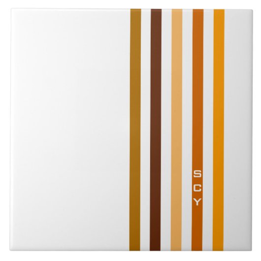 Tan Brown Orange Vertikal Stripes Monogramm Fliese (Vorderseite)