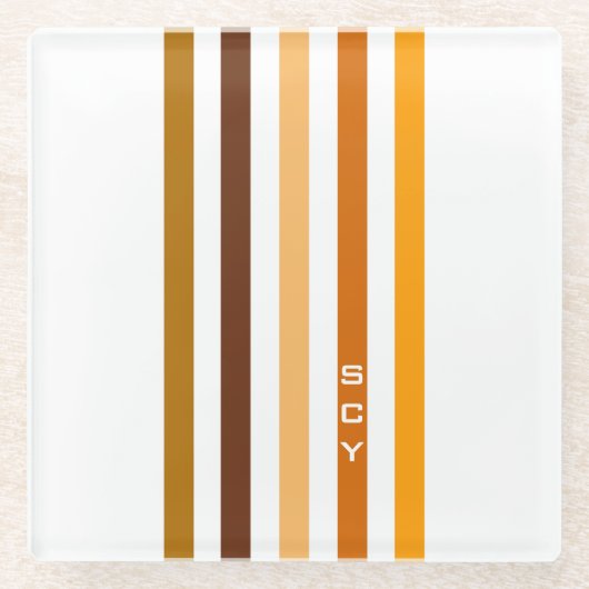 Tan Brown Orange Vertikal Stripes Monogramm Glasuntersetzer (Vorderseite)