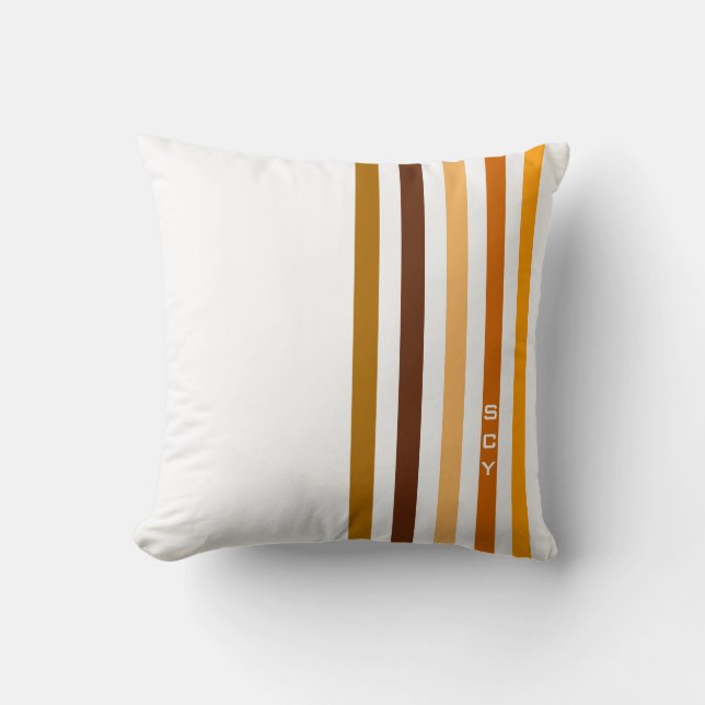 Tan Brown Orange Vertikal Stripes Monogramm Kissen (Vorderseite)