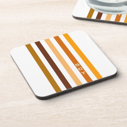Tan Brown Orange Vertikal Stripes Monogramm Untersetzer (Linke Seite)