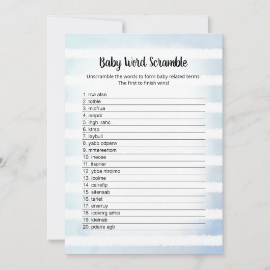 Tan Bunny Blue Baby Word Scramble Game Card Einladung (Vorderseite)