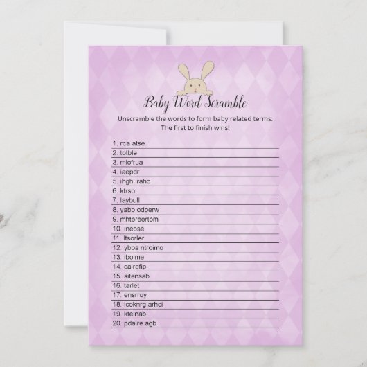 Tan Bunny Lila Raute Baby Word Scramble Game Einladung (Vorderseite)