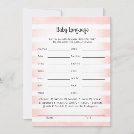 Tan Bunny Pink Baby Language Game Card Einladung (Vorderseite)