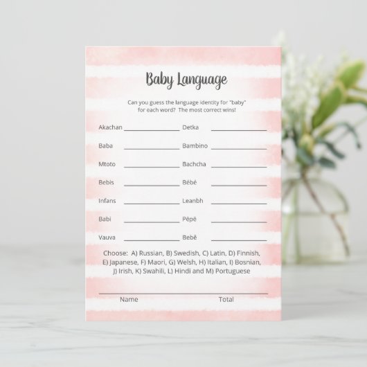 Tan Bunny Pink Baby Language Game Card Einladung (Stehend Vorderseite)