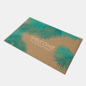 Tan Burlap mit Aquamarinen Palm-Blätter Fußmatte (Schrägansicht)