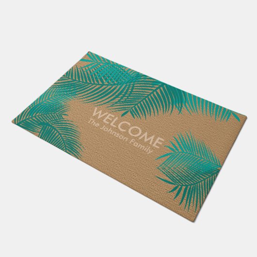 Tan Burlap mit Aquamarinen Palm-Blätter Fußmatte (Schrägansicht)