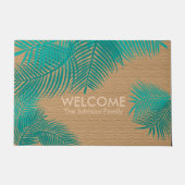 Tan Burlap mit Aquamarinen Palm-Blätter Fußmatte (Vorderseite)
