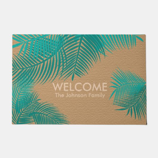 Tan Burlap mit Aquamarinen Palm-Blätter Fußmatte (Vorderseite)