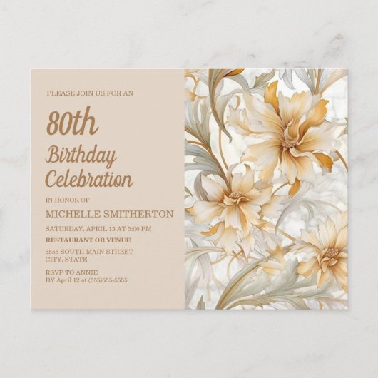 Tan Champagne Floral Women's 80. Geburtstag Einladungspostkarte (Vorderseite)