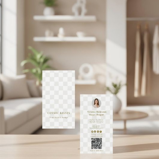 Tan Checkered Gold QR Code Boutique Vertical Photo Visitenkarte