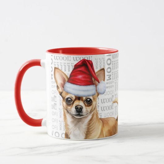 Tan Chihuahua Dog Santa Woof Hintergrund Weihnacht Tasse (Links)