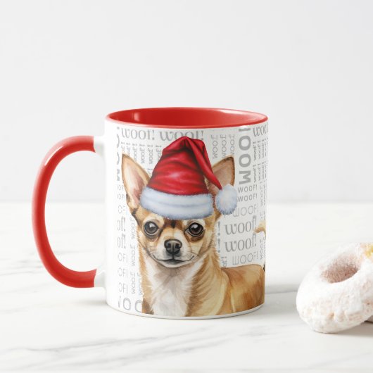 Tan Chihuahua Dog Santa Woof Hintergrund Weihnacht Tasse (Mit Donut)