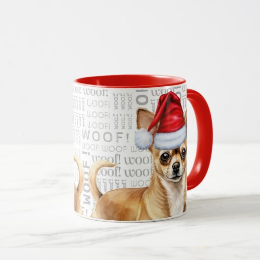 Tan Chihuahua Dog Santa Woof Hintergrund Weihnacht Tasse (VorderseiteRechts)
