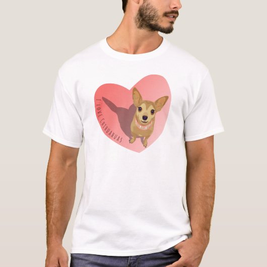 Tan Chihuahua im rautenrosa Halsband im Herzen T-Shirt (Vorderseite)