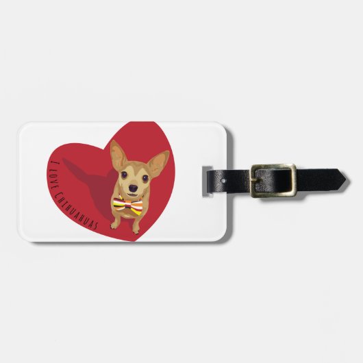 Tan Chihuahua mit einer Bogen-Krawatte im roten He Gepäckanhänger (Vorderseite horizontal)