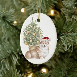 Tan Corgi Holiday Watercolor Haustier Weihnachten Keramik Ornament