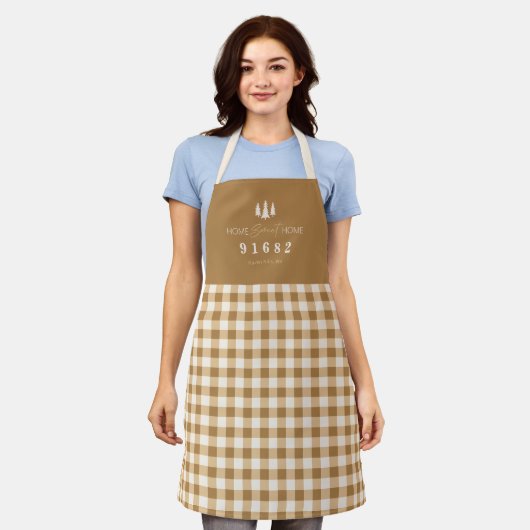 Tan Cream Gingham Zuhause Sweet Zuhause Custom Zip Schürze (Getragen)