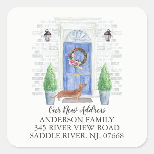 Tan Dackel Blue Door New Address Label Quadratischer Aufkleber (Vorderseite)