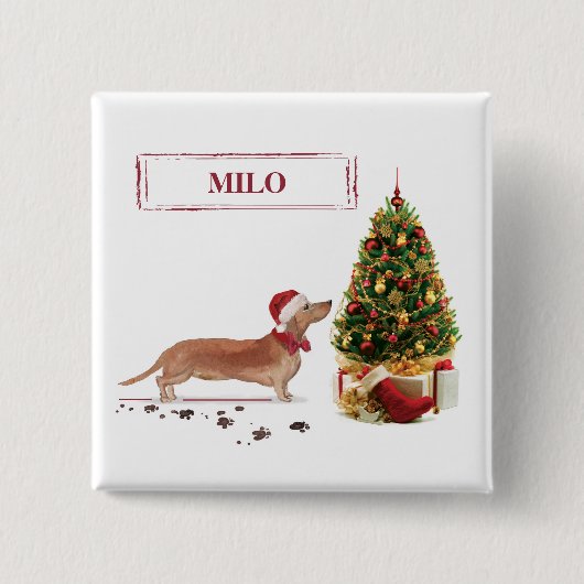 Tan Dackel Funny Christmas Dog mit Baum Button (Vorderseite)