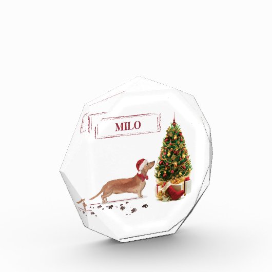Tan Dackel Funny Christmas Dog mit Baum Fotoblock (Links)
