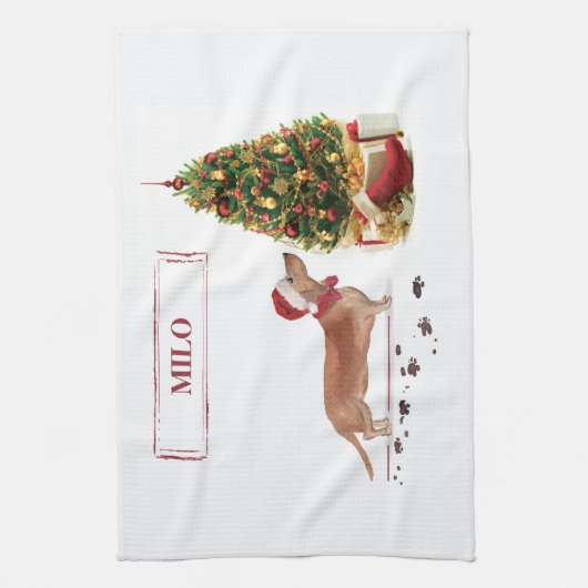 Tan Dackel Funny Christmas Dog mit Baum Geschirrtuch (Vertikal)