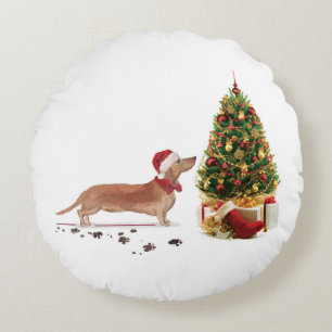Tan Dackel Funny Christmas Dog mit Baum Rundes Kissen