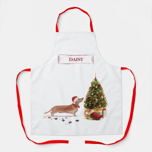 Tan Dackel Funny Christmas Dog mit Baum Schürze (Vorderseite)