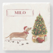Tan Dackel Funny Christmas Dog mit Baum Steinuntersetzer (Vorderseite)