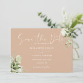 Tan Elegant Greenery Foto Hochzeit Save The Date (Stehend Vorderseite)