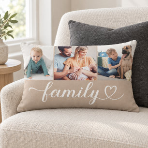 Tan Family Heart Schrift 3 Foto-Collage Lendenkissen