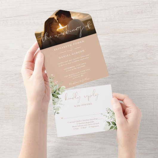 Tan Floral Greenerity Script Wedding Foto All In One Einladung (Abreißen)