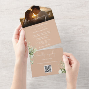 Tan Floral Greenery QR Code Wedding Foto All In One Einladung