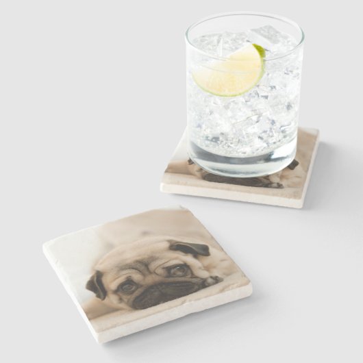 TAN-Frau-Mops Steinuntersetzer (Seitenansicht)