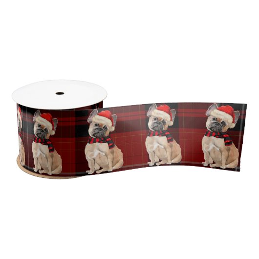 Tan Frenchie Dog und Red Karierte Weihnachten Satinband (Spule)