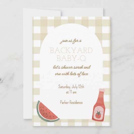 Tan Gingham Baby-Q Baby Shower Invitation Einladung (Vorderseite)