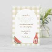 Tan Gingham Baby-Q Baby Shower Invitation Einladung (Stehend Vorderseite)