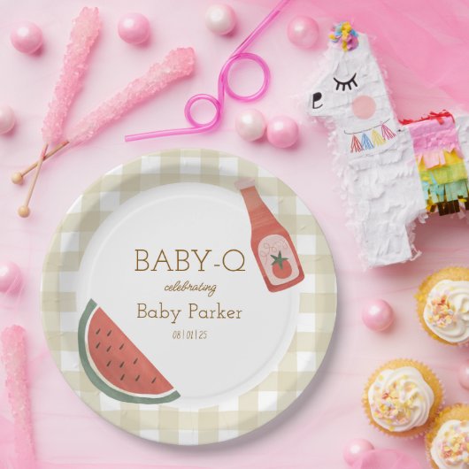 Tan Gingham Baby-Q Circular Plate Pappteller (Party)