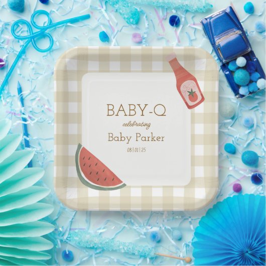 Tan Gingham Baby-Q Square Plate Pappteller (Party)