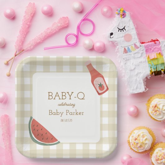 Tan Gingham Baby-Q Square Plate Pappteller (Party)