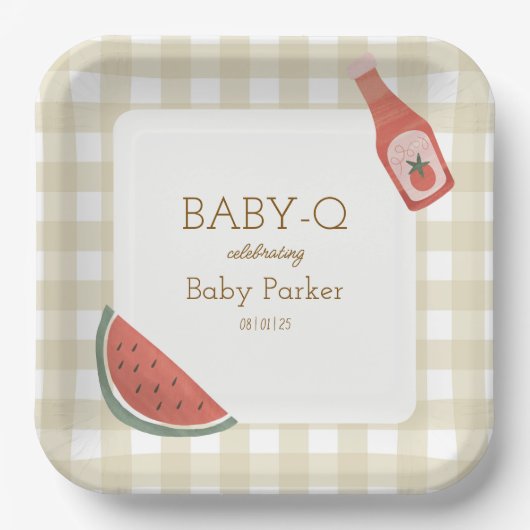 Tan Gingham Baby-Q Square Plate Pappteller (Vorderseite)